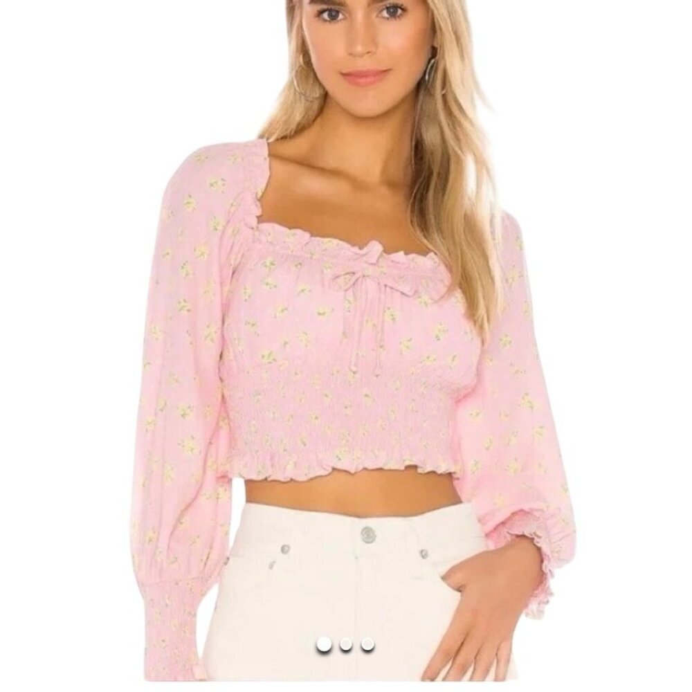 Faithfull The Brand Pink Floral Smocked Crop Top Puff Sleeves Ruffle Trim XS
